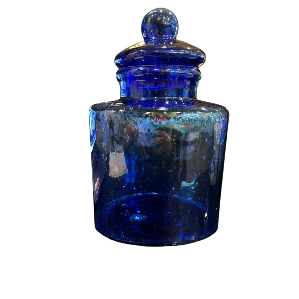 Mid Century Apothecary Jar Canister with Lid Blue Bubble Glass Hand Blown‎ 10" - Picture 2 of 9